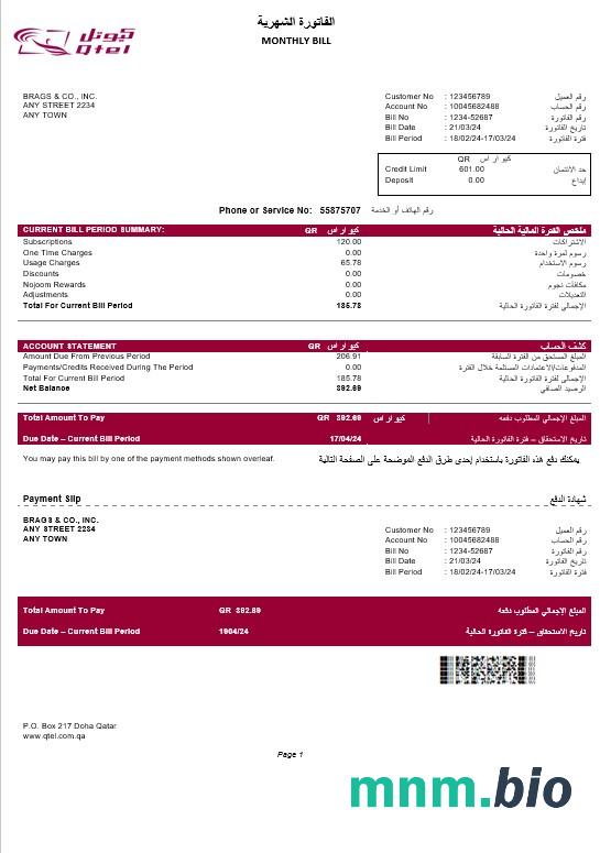 QATAR QTEL rachunek za usługi komunalne Word i szablon PDF